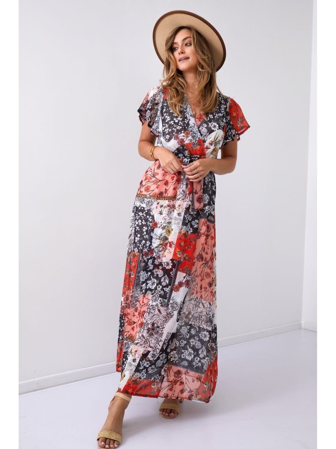 Maxi wrap dress with a belt, orange FG646 - Online store - Boutique